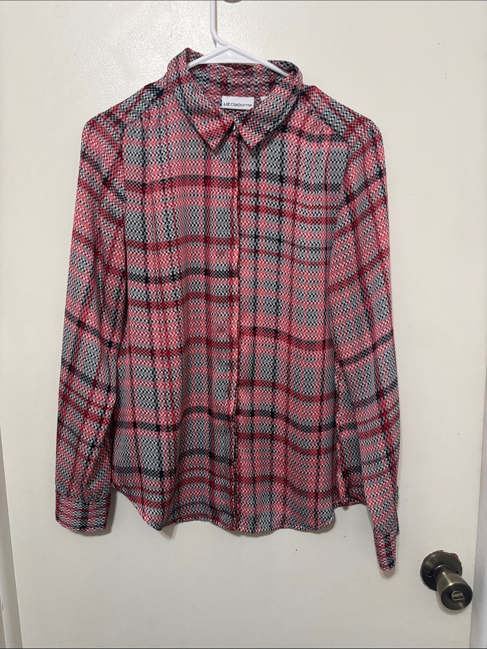 Liz Claiborne Red and Black Plaid Button-Down 100% polyester
